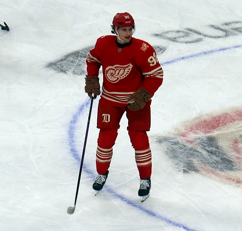 Marco Kasper of the Detroit Red Wings skates near center ice during pre-game warmups before a game against the Montreal Canadiens.