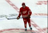 Moritz Seider of the Detroit Red Wings skates at center ice during pre-game warmups before a game against the Montreal Canadiens.