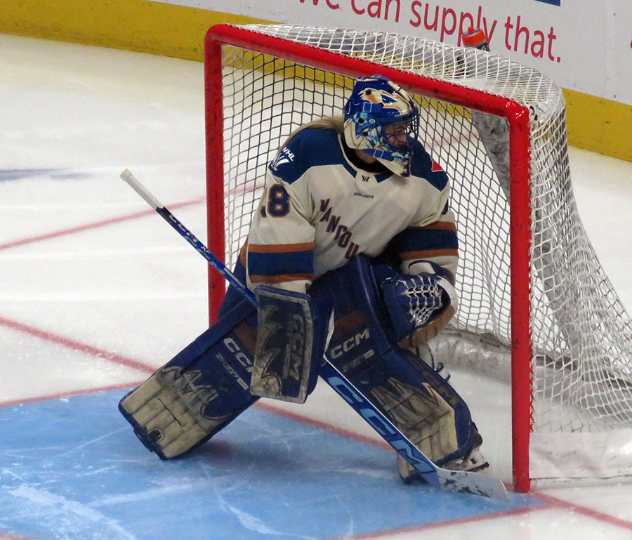 Emerance Maschmeyer of the Vancouver Goldeneyes tracks play in the corner during the PWHL Takeover Tour Detroit game against the Boston Fleet.