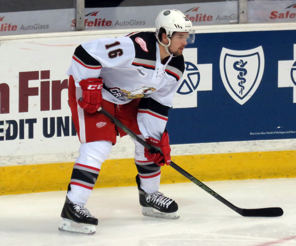 Xavier Ouellet gets set for a faceoff during a Grand Rapids Griffins game.