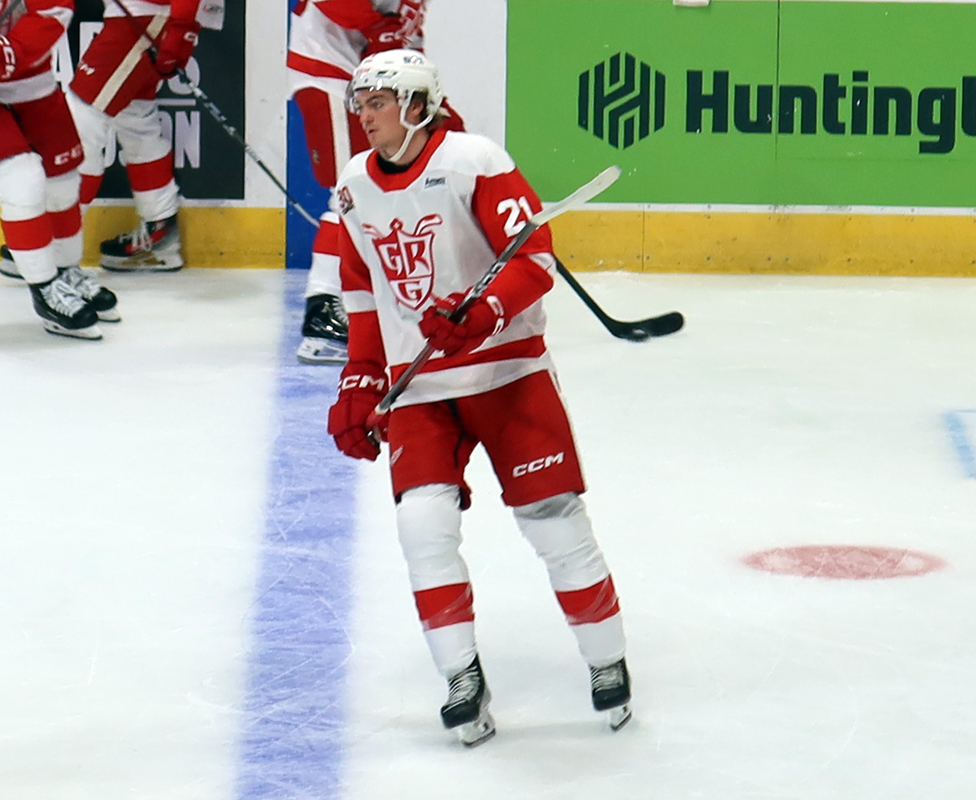 Carson Bantle of the Grand Rapids Griffins skates at the blue line during pre-game warmups before a game against the Manitoba Moose.