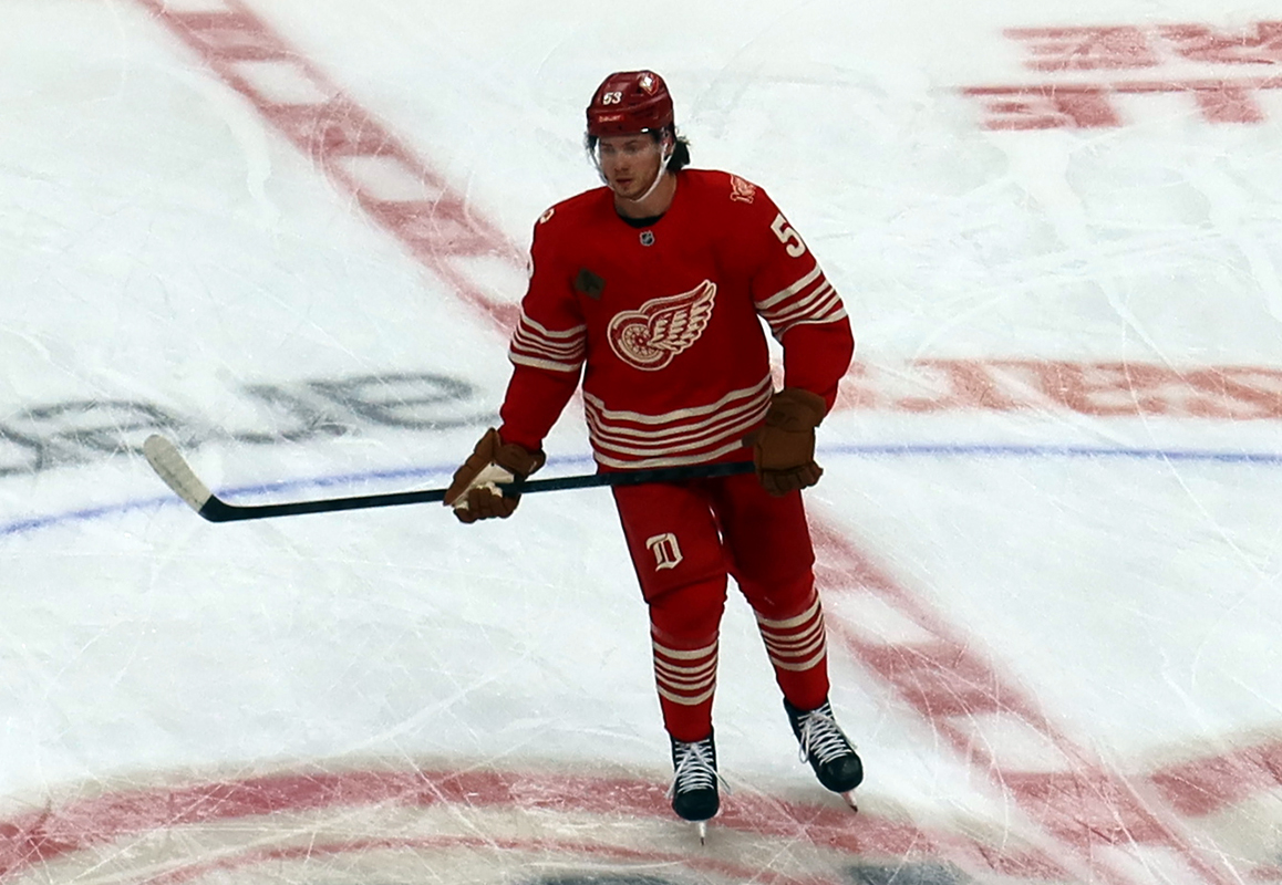 Moritz Seider of the Detroit Red Wings skates at center ice during pre-game warmups before a game against the Montreal Canadiens.