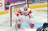 Sebastian Cossa of the Grand Rapids Griffins gets set in his crease during a game against the Manitoba Moose.