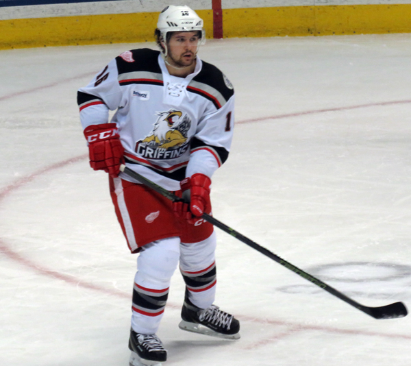 Xavier Ouellet watches his pass during a Grand Rapids Griffins game.