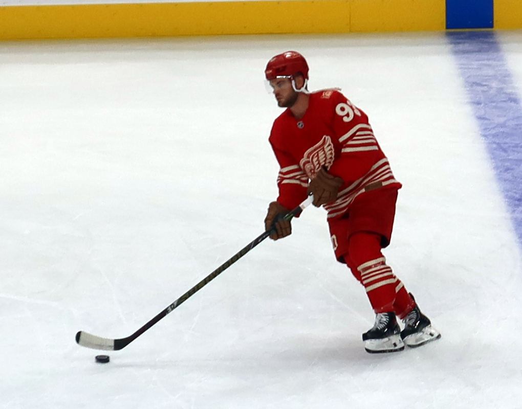 Alex DeBrincat of the Detroit Red Wings skates during pre-game warmups before a game against the Montreal Canadiens.