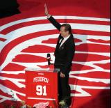 Sergei Fedorov waves to the crowd before speaking at his jersey retirement ceremony.