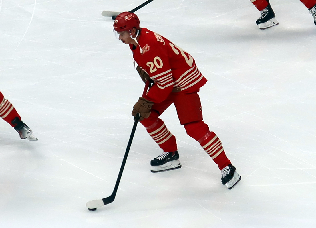 Albert Johansson of the Detroit Red Wings skates during pre-game warmups before a game against the Montreal Canadiens.