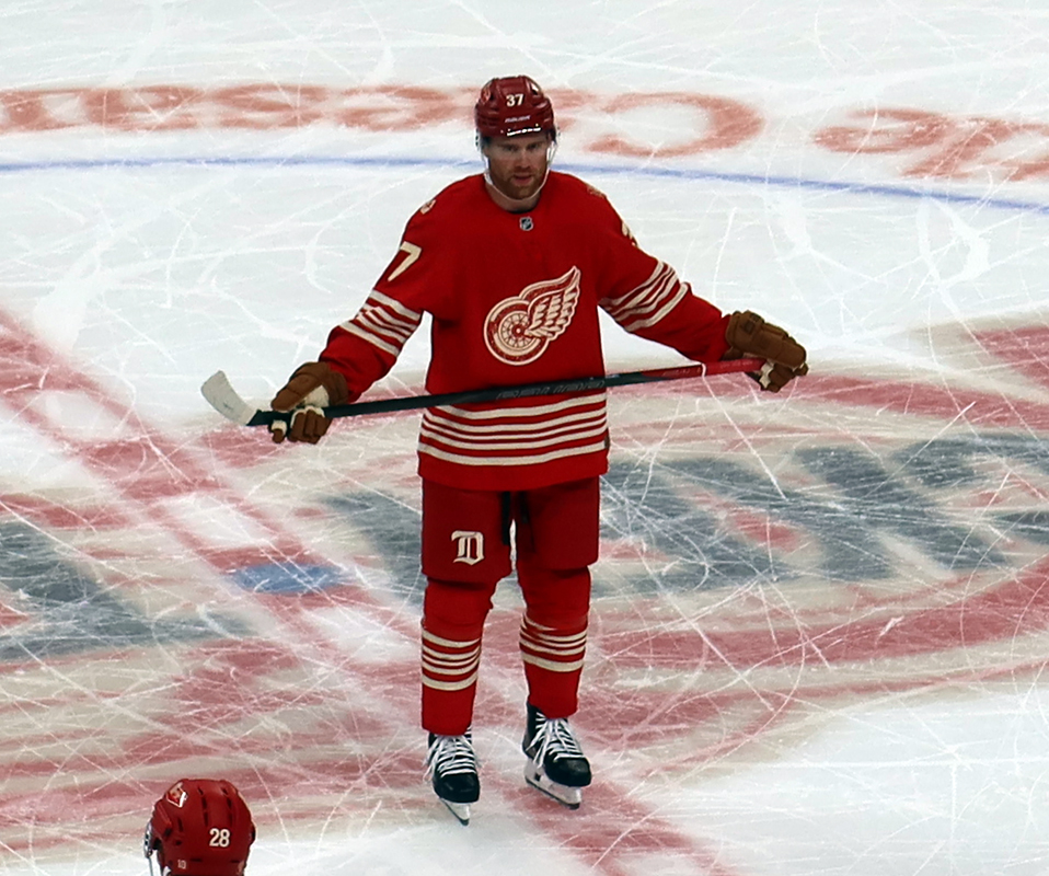 J.T. Compher of the Detroit Red Wings skates at center ice during a game against the Montreal Canadiens.