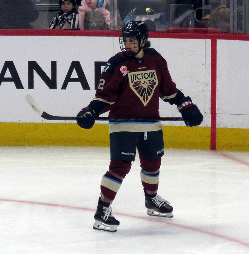 Tamara Giaquinto of the Montreal Victoire skates during a stop in play during the PWHL Takeover Tour Detroit game against the New York Sirens.