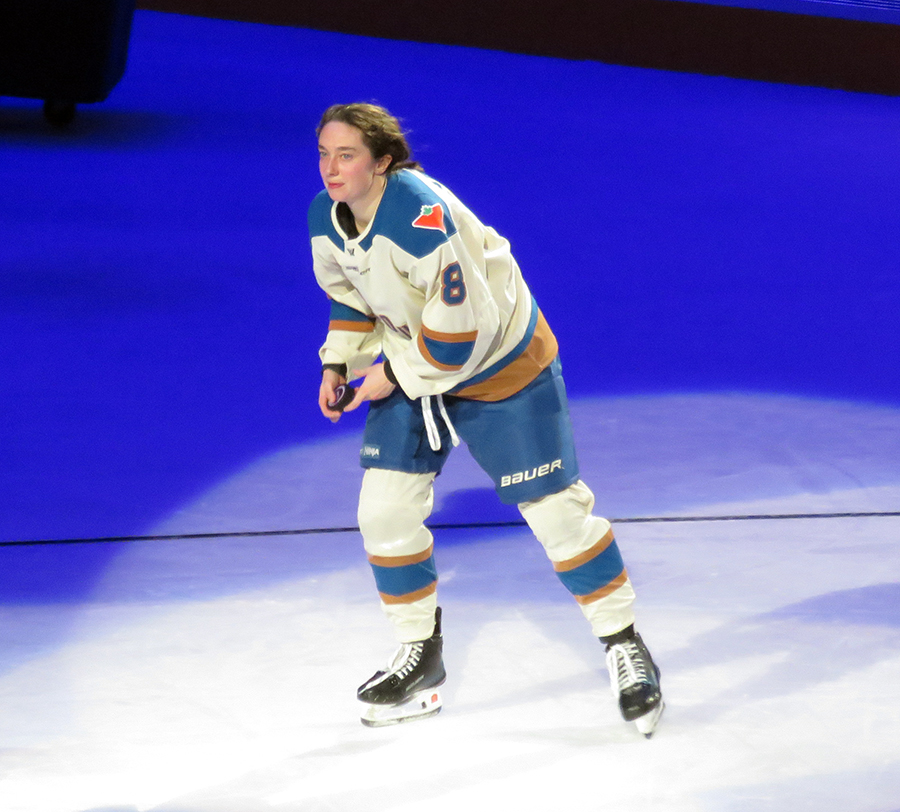 Izzy Daniel of the Vancouver Goldeneyes skates across the ice as the first star of the PWHL Takeover Tour Detroit game against the Boston Fleet.