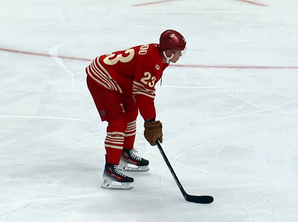 Lucas Raymond of the Detroit Red Wings gets set for a faceoff during a game against the Montreal Canadiens.
