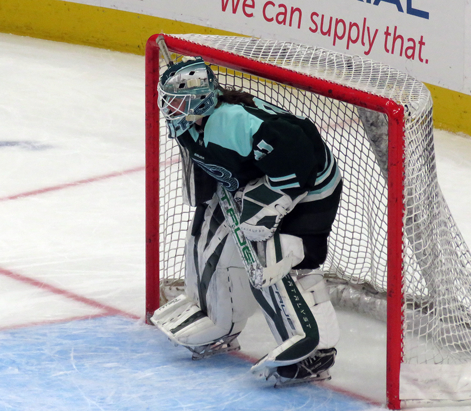 Aerin Frankel of the Boston Fleet crouches in her net during the PWHL Takeover Tour Detroit game against the Vancouver Goldeneyes.