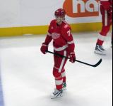 Simon Edvinsson of the Detroit Red Wings skates during pre-game warmups before a game against the Carolina Hurricanes, wearing a customized Sergei Fedorov jersey and white skates in honor of Fedorov's jersey retirement.