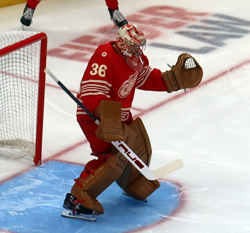 John Gibson of the Detroit Red Wings comes out to the top of his crease during pre-game warmups before a game against the Montreal Canadiens.