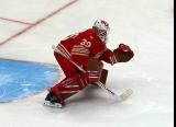 Cam Talbot of the Detroit Red Wings moves out past the top of his crease during pre-game warmups before a game against the Montreal Canadiens.