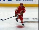 Lucas Raymond of the Detroit Red Wings skates in the neutral zone during pre-game warmups before a game against the Montreal Canadiens.