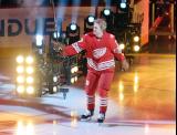 Simon Edvinsson of the Detroit Red Wings skates out during player introductions before the team's home opener.